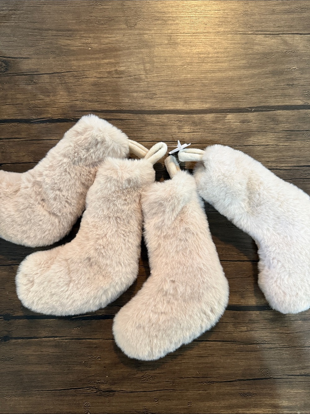 Crate&Barrel Faux Fur Plush Boot Christmas Ornaments. Set of 4.